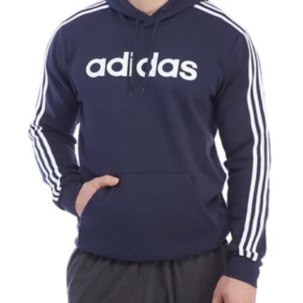 EUC Adidas Mens Three Stripe Navy Logo Hoodie Large